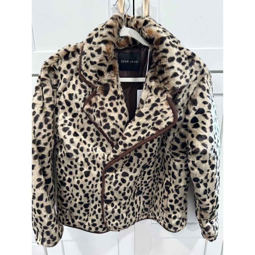 Dear John Leopard Print Faux Fur Jacket Double Breasted Brown Piping DFJ8041CTH